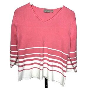 Croft & Barrow Sweater Pullover V Neck Pink Stripe‎ 100% Cotton Petite Large